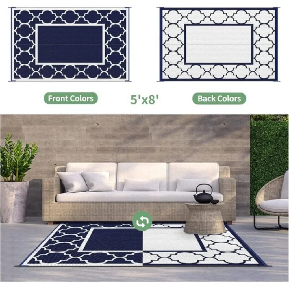 New 5x8 Outdoor Rug, Waterproof Reversible Blue White Mat for Patio & Camper